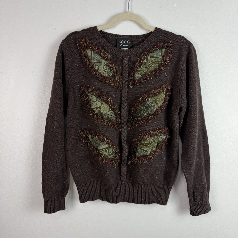 Koos of Course Sweater Size S Brown Speckled Silk Wool Leaf Fringe Art to Wear